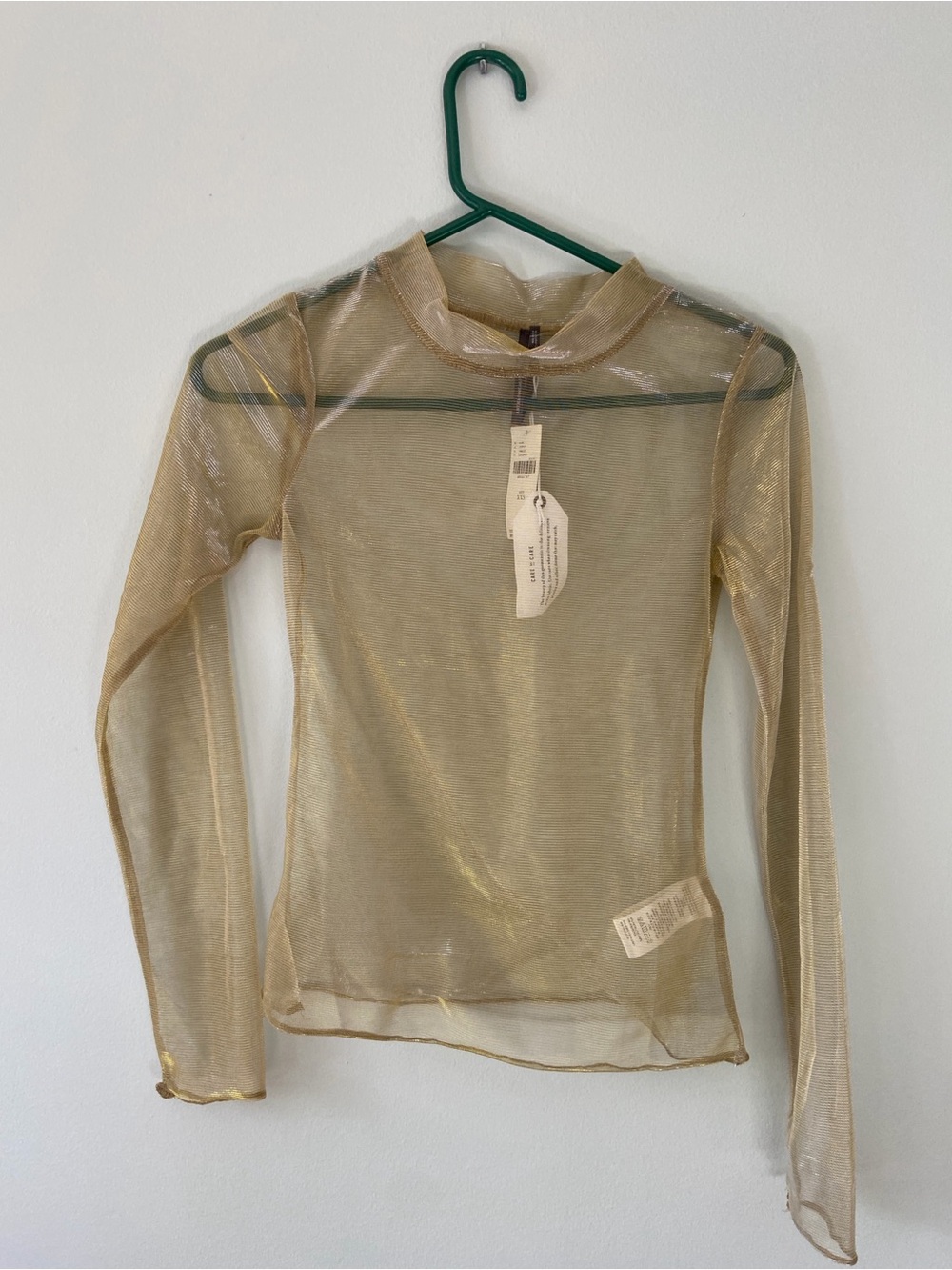 Anthropologie Sheer Metallic Gold Long-Sleeve Mesh Top